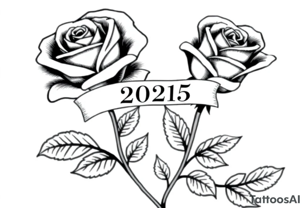 two beautiful large rose buds, one larger than the other, with many leaves next to the rose buds, with one sitting higher than the other. Include a banner connecting the two roses with "2025" on it.   Use dark outlines with little shading. The two stems should be short, not long, and connect and join into one stem, whimsically curved or twisted - not straight down. tattoo idea