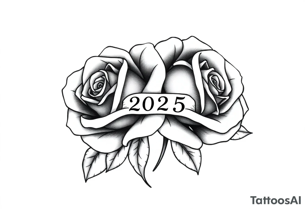 two beautiful roses intertwined, with "2025" written between them tattoo idea
