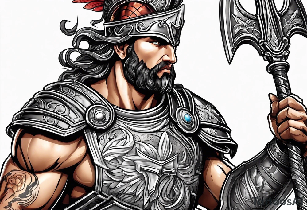 Ares greek God, holding his spear and shield tattoo idea
