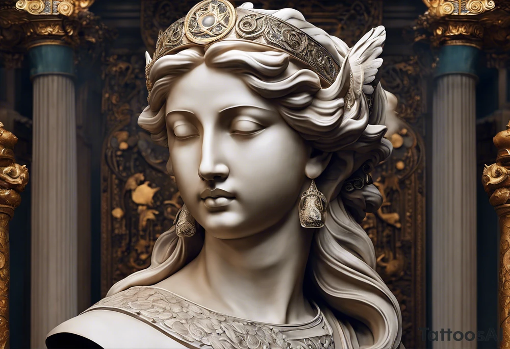 Visualize a mesmerizing tattoo featuring a majestic marble statue depicted in the process of breaking free from its stone confines, symbolizing the liberation of the mind and the pursuit of higher understanding. The statue's form, sculpted with meticulous detail, appears to be emerging from a celestial shell adorned with cosmic motifs and swirling galaxies. As the shell fractures, radiant beams of light pierce through, illuminating the surrounding space in a breathtaking display of enlightenment and awakening. In the background, a vast expanse of stars and celestial bodies stretches into infinity, evoking a sense of wonder and boundless potential. This tattoo serves as a powerful metaphor for breaking free from limitations and embracing the expansive universe of knowledge and possibility. tattoo idea