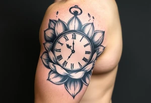 A broken clock floating inside a blooming lotus flower, with a small bird flying out from the clock face tattoo idea