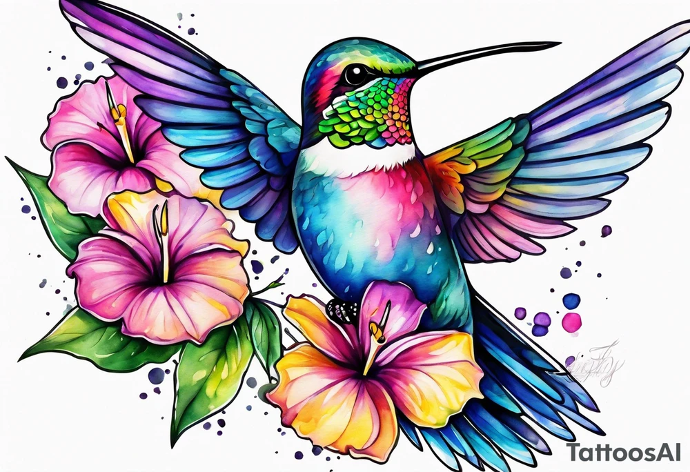 hummingbird watercolor pink purple blue yellow tattoo idea