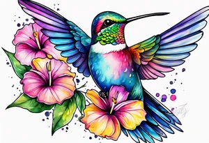 hummingbird watercolor pink purple blue yellow tattoo idea