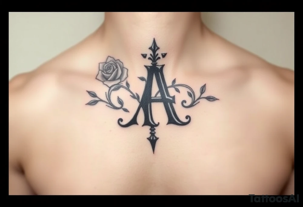 Create a throat tattoo using old english font of Letter A with subtle rose background tattoo idea