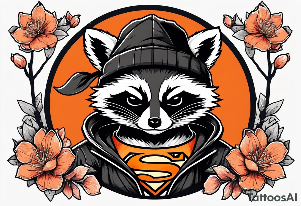 Raccoon wearing a white Superman logo on a black hoodie and orange Japanese cherry blossoms tattoo idea