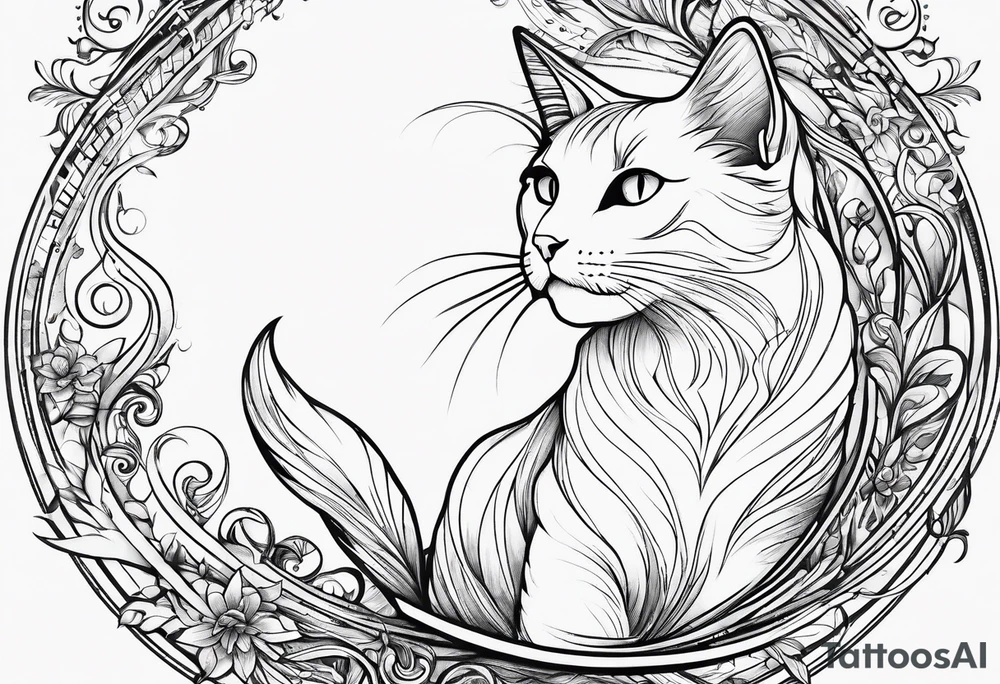 Outline of cat reaching to a music note, small tattoo idea