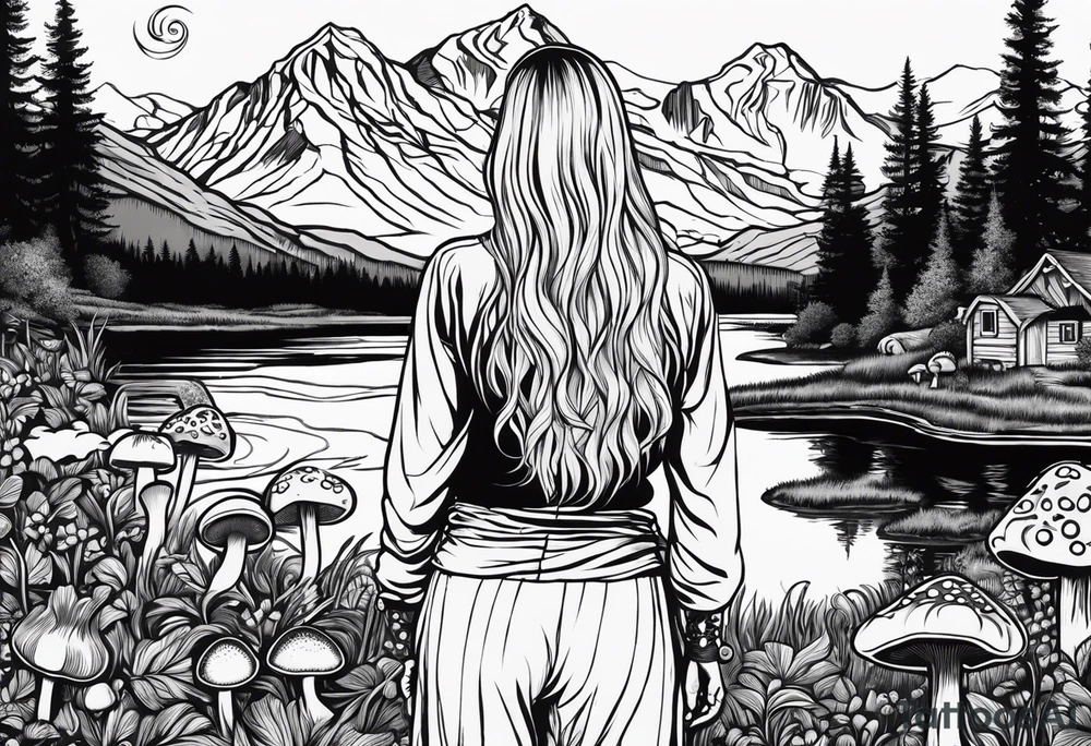 Whole picture encircled fully

Straight long blonde hair hippie girl in distance holding mushrooms in hand facing away toward mountains and creek surrounded by mushrooms long sleeve shirt and hiking pants; whole rendering within a full celtic circle, no cut off circle tattoo idea