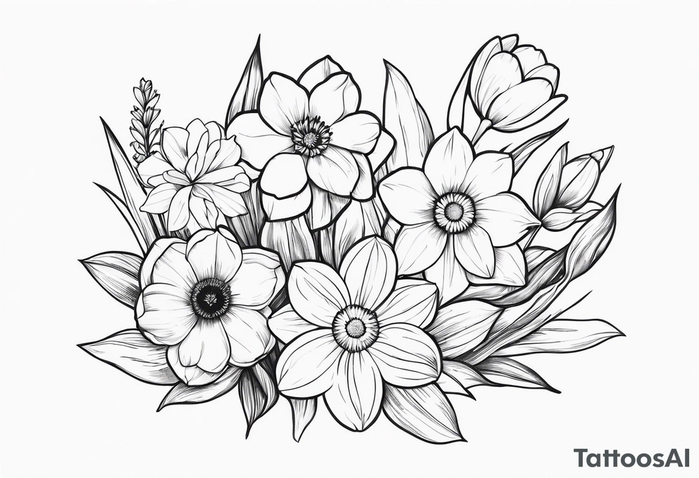 Small daffodils gerberas and tulips tattoo idea