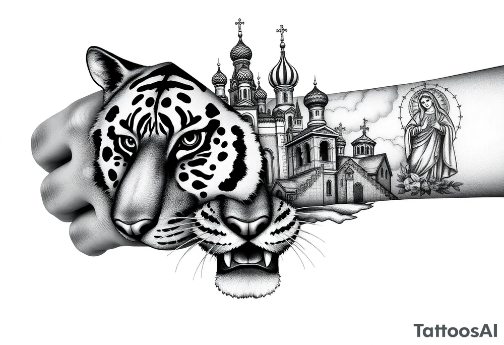 Realistic tiger face on the back of the hand with strong contrast and fine detail with hollow black eyes. with a highly detailed Russian Orthodox cathedral sitting above on fore arm with onion domes and orthodox crosses, done in fine line, engraving-like style. Cohesive composition, black ink only, no color, high contrast, slightly aged, documentary-style, plain light background. with clouds above and a virgin mary 
spanning from my hand to lower fore arm tattoo idea