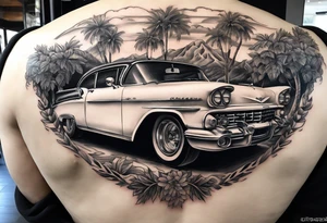 full chest tattoo with plam trees and car california style tattoo idea