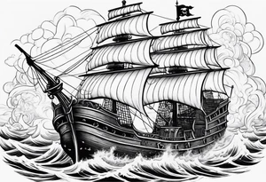 Satan on a pirate ship sailing a sea of souls tattoo idea