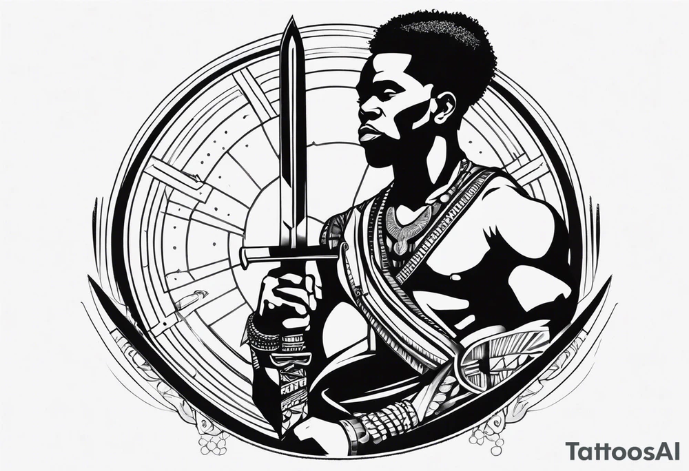 african, warrior, sword, chest tattoo, symmetrical, include neumann numerals, add shade tattoo idea