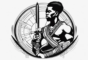 african, warrior, sword, chest tattoo, symmetrical, include neumann numerals, add shade tattoo idea