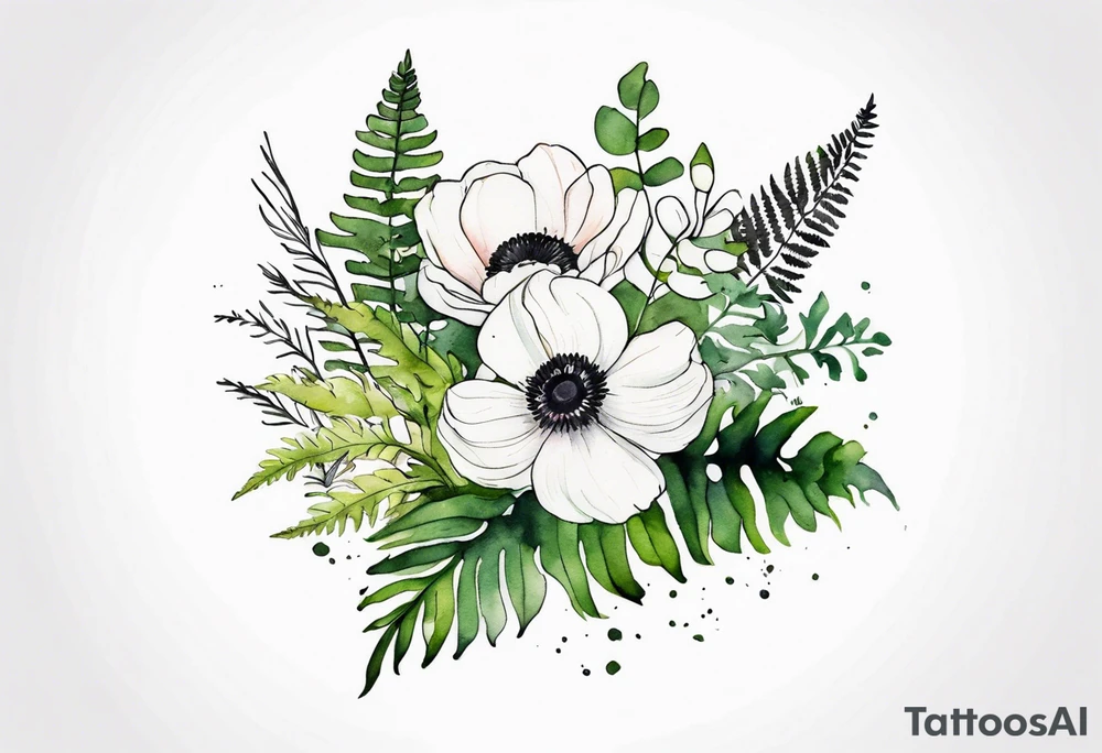 wild flower bouquet with ferns and white anemone all watercolor tattoo idea