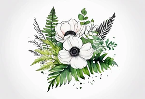 wild flower bouquet with ferns and white anemone all watercolor tattoo idea