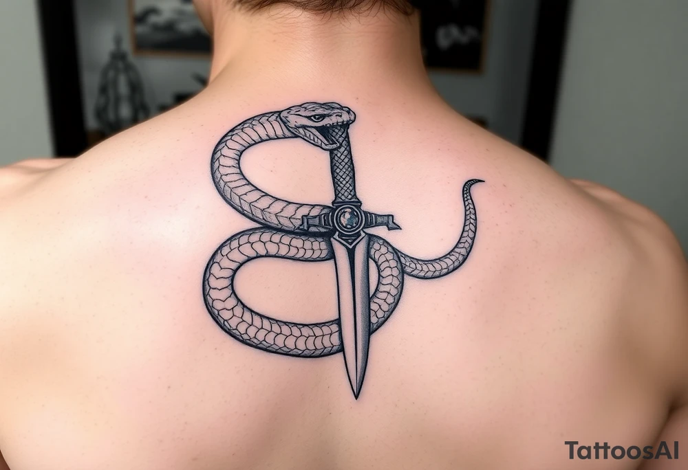 mystical snake coiled around an ancient dagger with jeweled hilt tattoo idea