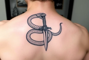 mystical snake coiled around an ancient dagger with jeweled hilt tattoo idea