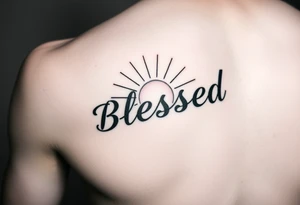 a forearm tattoo with the word blessed having rays of sunshine behind it tattoo idea