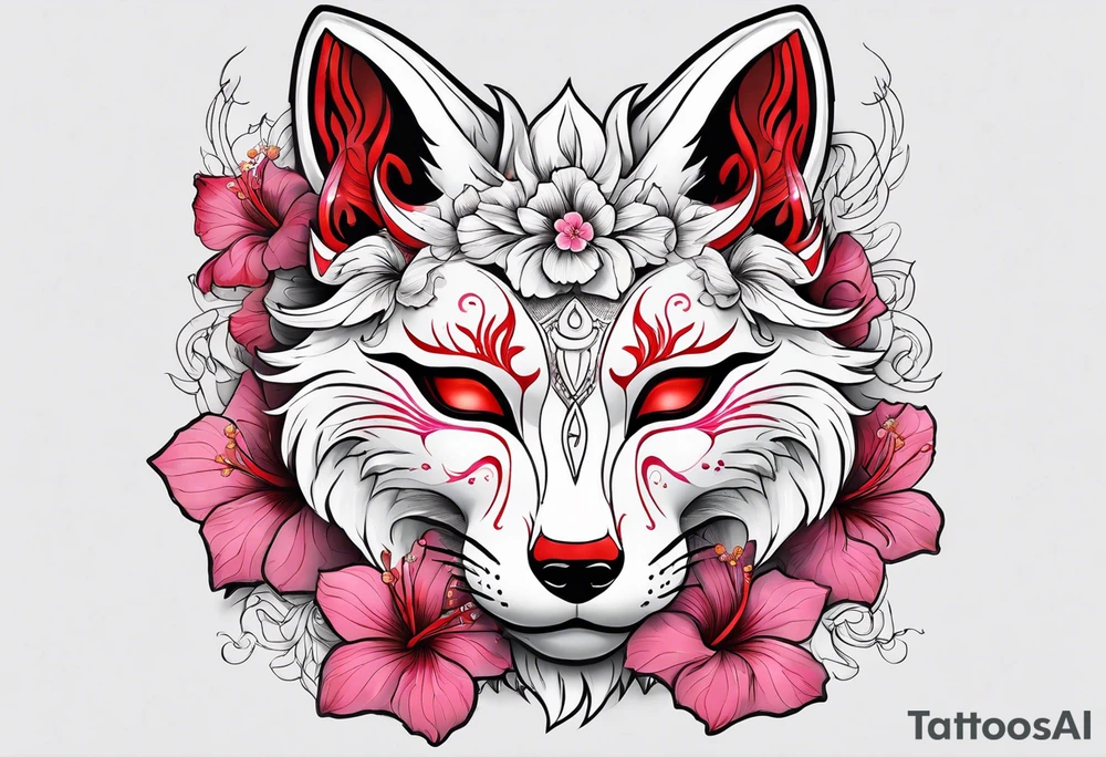 White half broken kitsune mask with red accents and pink hibiscus flowers tattoo idea