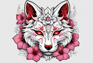 White half broken kitsune mask with red accents and pink hibiscus flowers tattoo idea