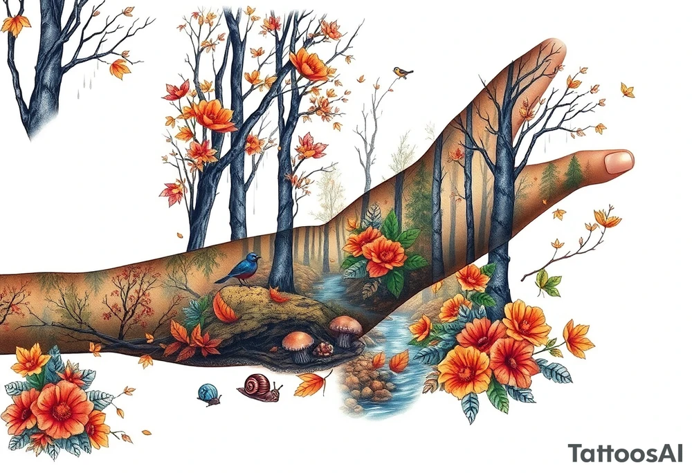 colorful fall themed womans sleeve forest, trees, falling leaves and rain, a small snail or two, birds, a creek, mushrooms and some fall themed flowers as filler tattoo idea