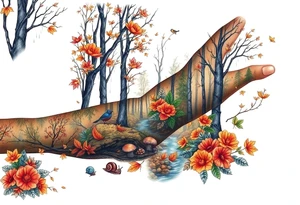 colorful fall themed womans sleeve forest, trees, falling leaves and rain, a small snail or two, birds, a creek, mushrooms and some fall themed flowers as filler tattoo idea