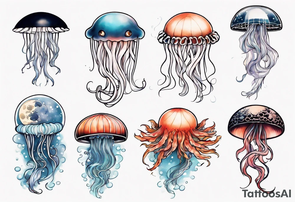 1 jellyfish with the moon in the lid. Then with mini koi carp and jellyfish swimming amongst the tentacles tattoo idea