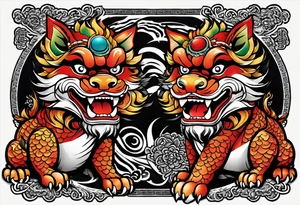 Okinawa-style pair of shisa dogs, one has an open mouth, one has a closed mouth, chest/pecs, Yakuza style, old school tattoo idea