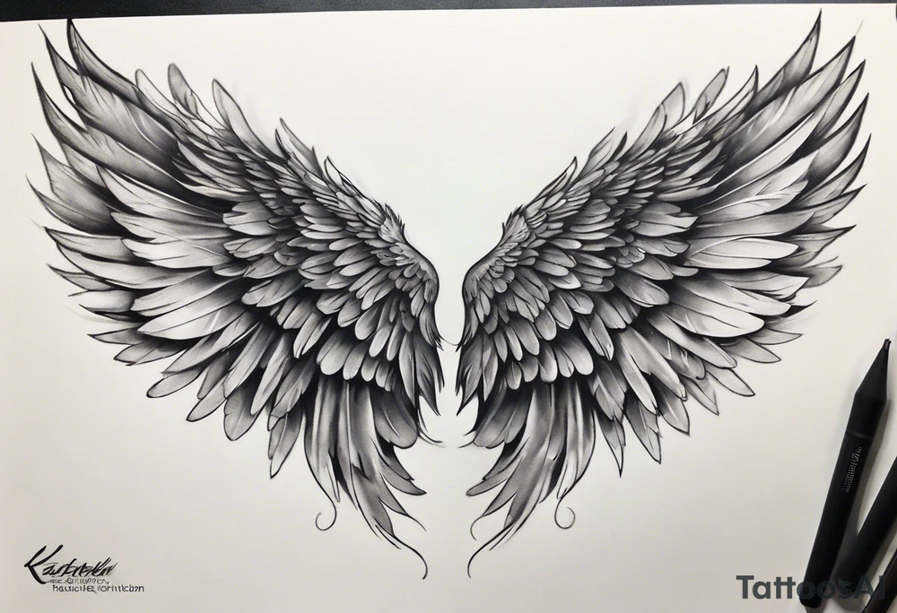 Realistic angel wings extending from the shoulders, covering the upper arms and upper back. The feathers are intricately detailed, with soft shading in black and gray to create depth and texture. The wings gently converge in the middle of the back, forming a harmonious and cohesive design. tattoo idea