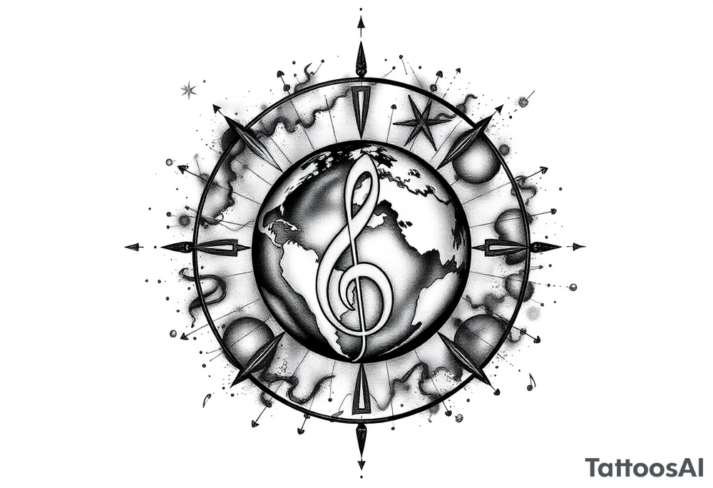 system of the universe with earth and a clef for my love to music, I am zodiac auqarius and my child is the best tattoo idea