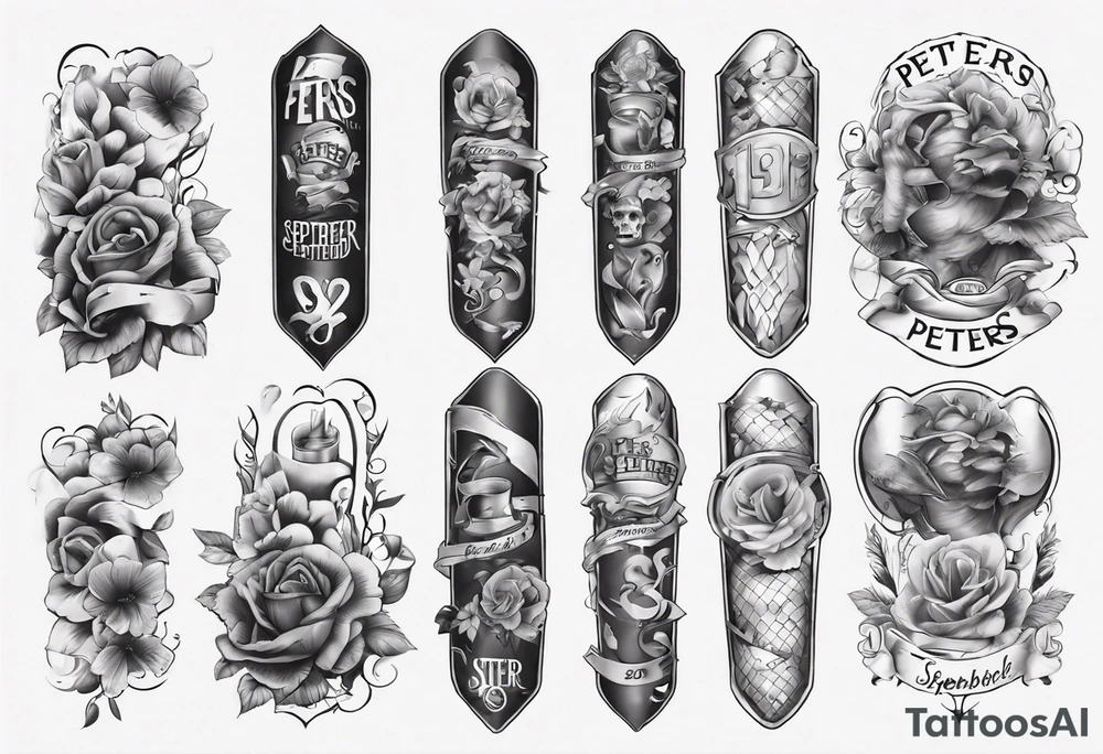 men’s arm sleeve, the name Peters, September birthday tattoo idea