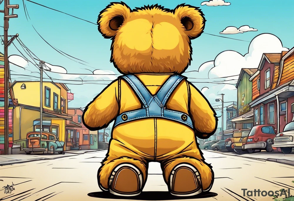 image of the back of a light brown teddy bear standing in yellow overalls, striped tank top and wearing boots and holding the hand of a little girl who is taller than him tattoo idea