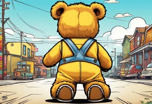 image of the back of a light brown teddy bear standing in yellow overalls, striped tank top and wearing boots and holding the hand of a little girl who is taller than him tattoo idea