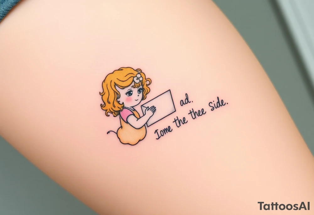 Little blond girl with curly hair mailing a letter that says to dad on the other side tattoo idea