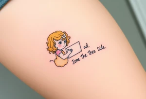 Little blond girl with curly hair mailing a letter that says to dad on the other side tattoo idea