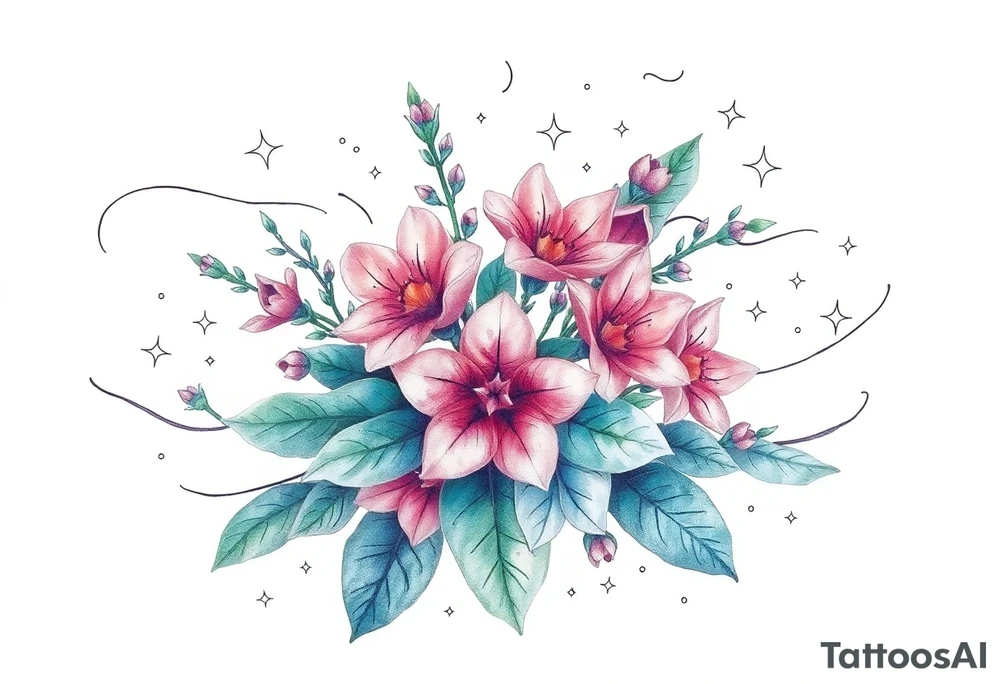 Beautiful mountain laurel flowers surrounded by flowing lines and stars tattoo idea