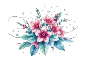 Beautiful mountain laurel flowers surrounded by flowing lines and stars tattoo idea