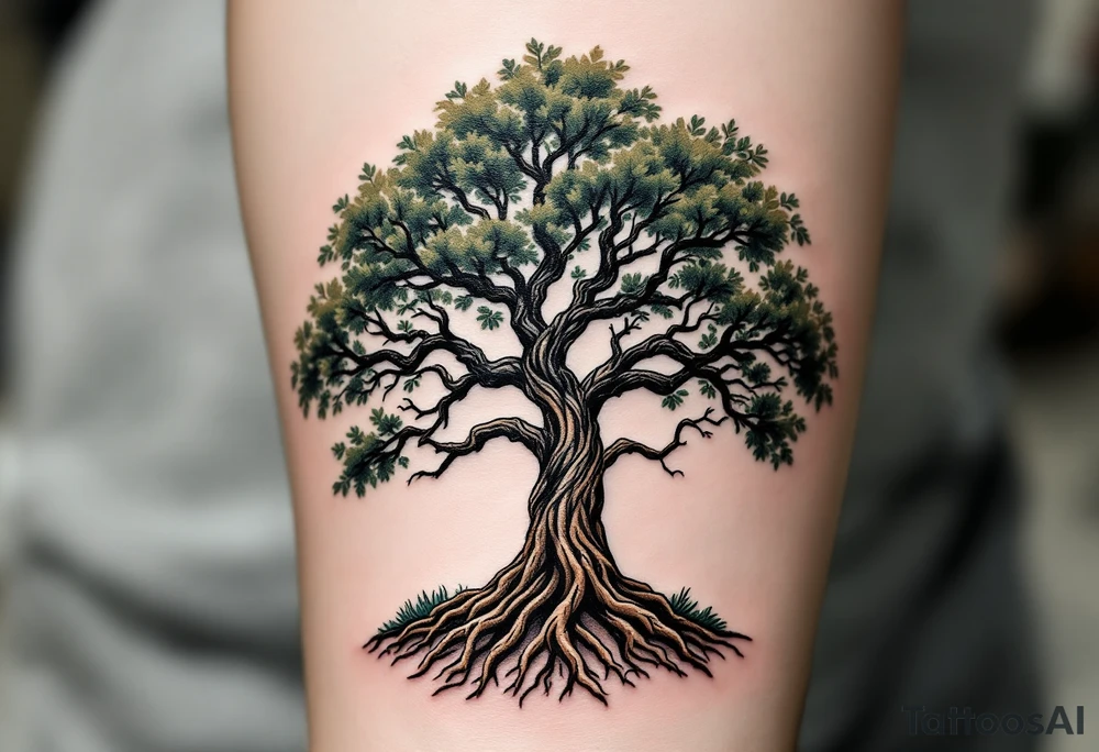 An old oak tree with twisting roots and strong branches, each branch labeled with names: Anna, Michael, Eli, and Rose in flowing script. Muted green leaves, brown bark, and faded blue sky background. tattoo idea