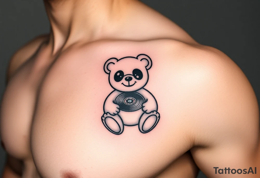 minimalist teddy bear with vinyl records as eyes smiling and sitting on a record yer tattoo idea