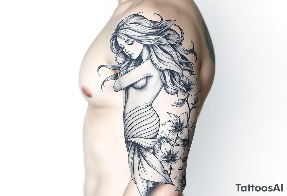 ethereal mermaid with flowing hair among coral and sea flowers tattoo idea