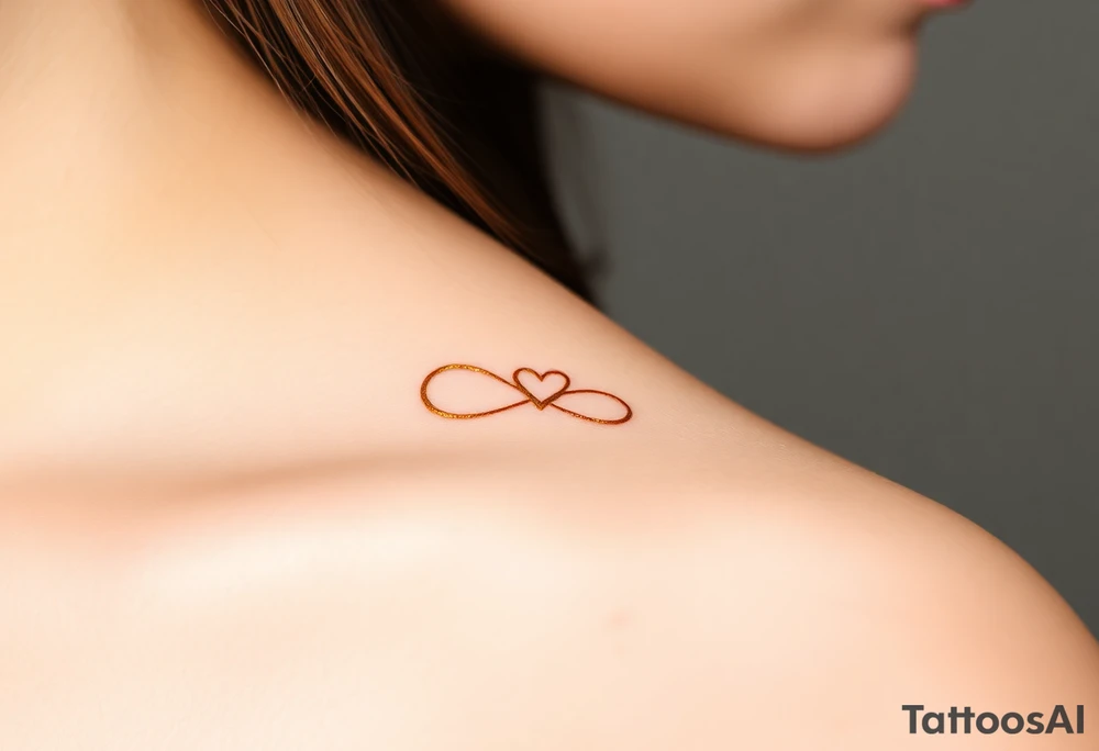 A fine-line gold infinity symbol with a tiny heart placed in the center of the infinity symbol tattoo idea