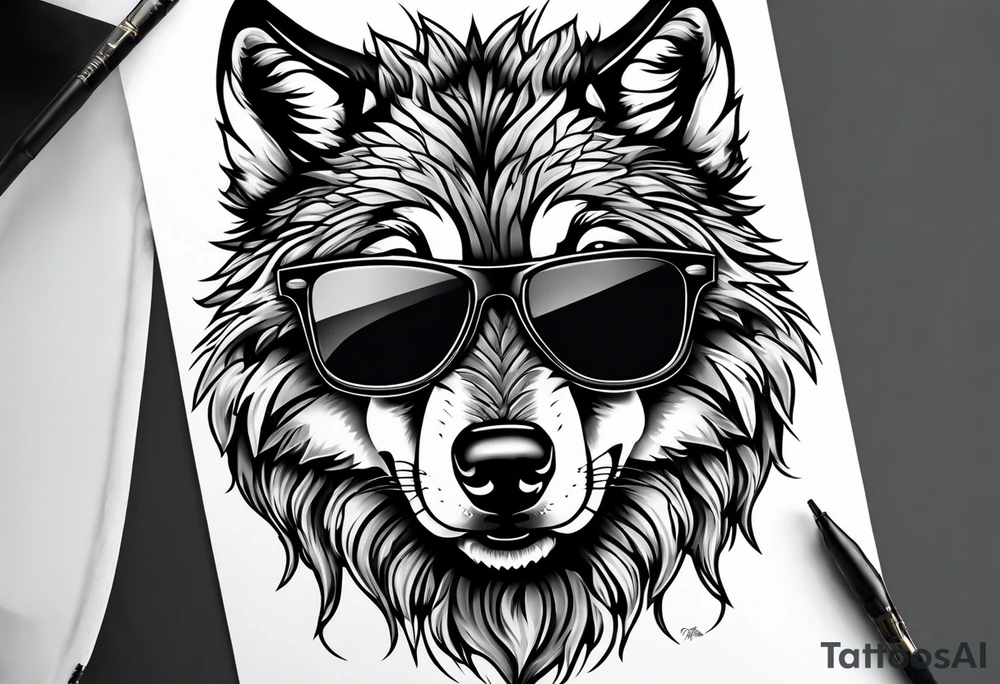 Badass wolf wearing sunglasses tattoo idea