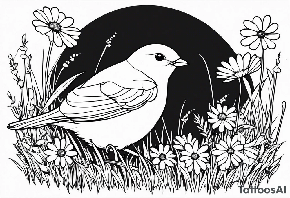 Little bird outline sitting in a field of grass and daisys tattoo idea