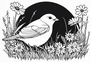 Little bird outline sitting in a field of grass and daisys tattoo idea