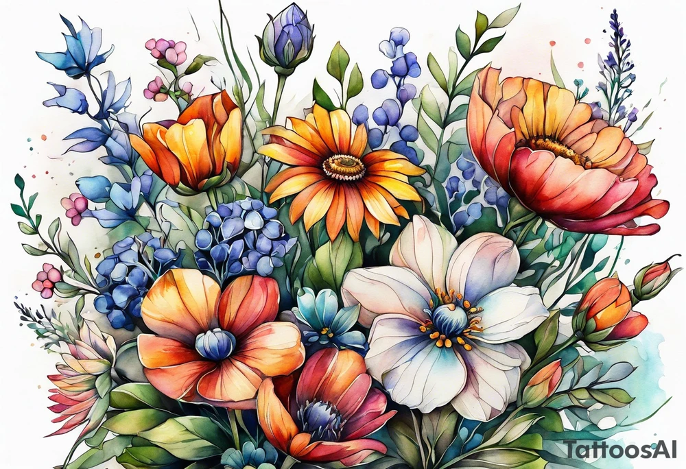 wild flowers long stems bouquet all watercolor tattoo idea