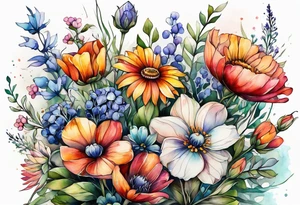 wild flowers long stems bouquet all watercolor tattoo idea