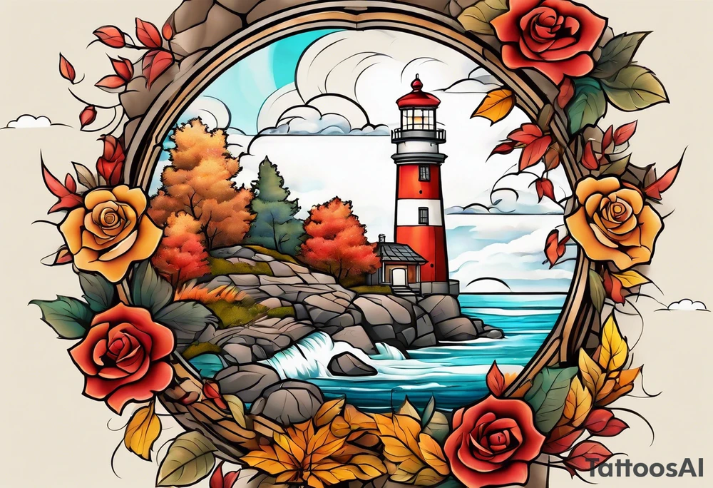 thigh tattoo in fall colors, showing lighthouse, water flow around rocks, sky, clouds, leaves, roses and no trees tattoo idea