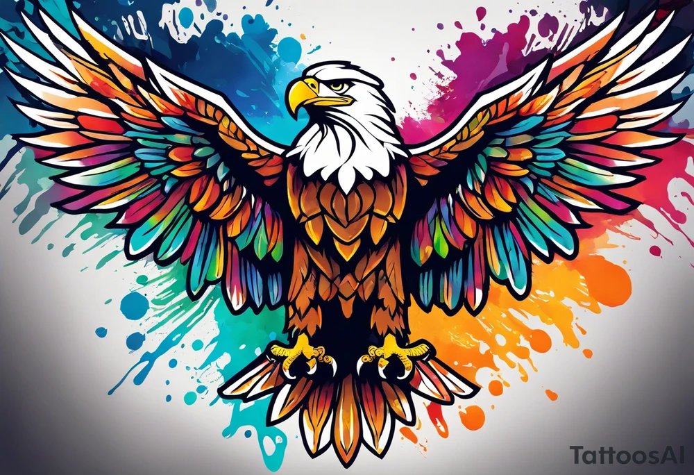Simple celtic Eagle with wings spread upwards. Colourful background, splashes on colour tattoo idea