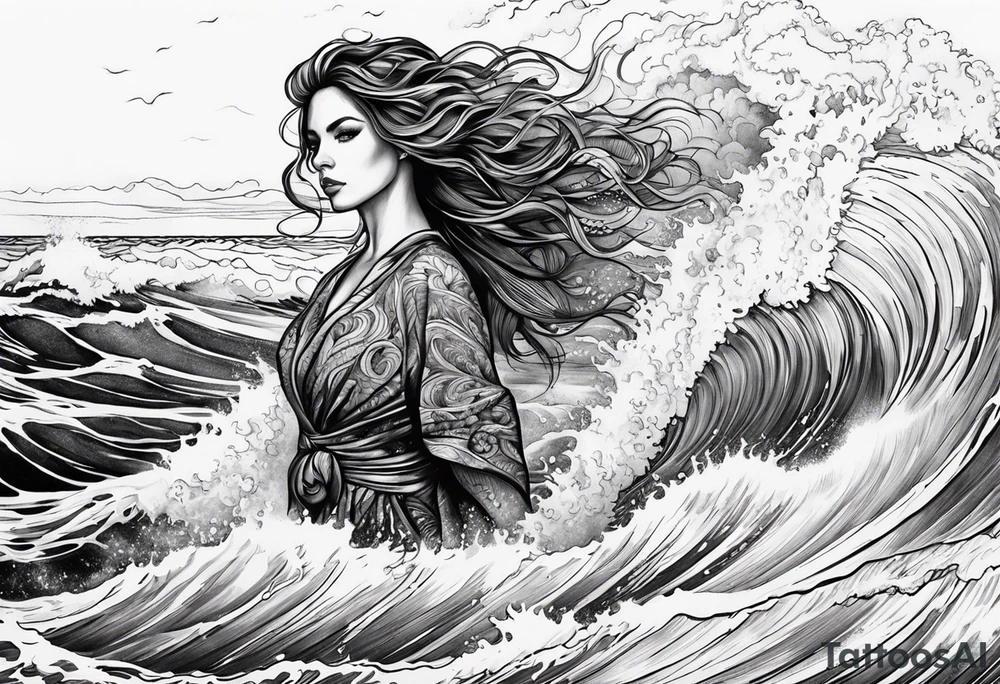 stormy sea waves, a woman in the middle of a storm tattoo idea