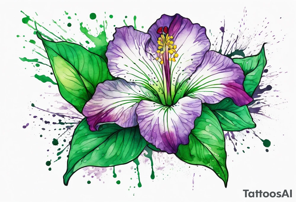 An outline of a green rio dipladenia flower and a green and purple watercolor splash in the background tattoo idea